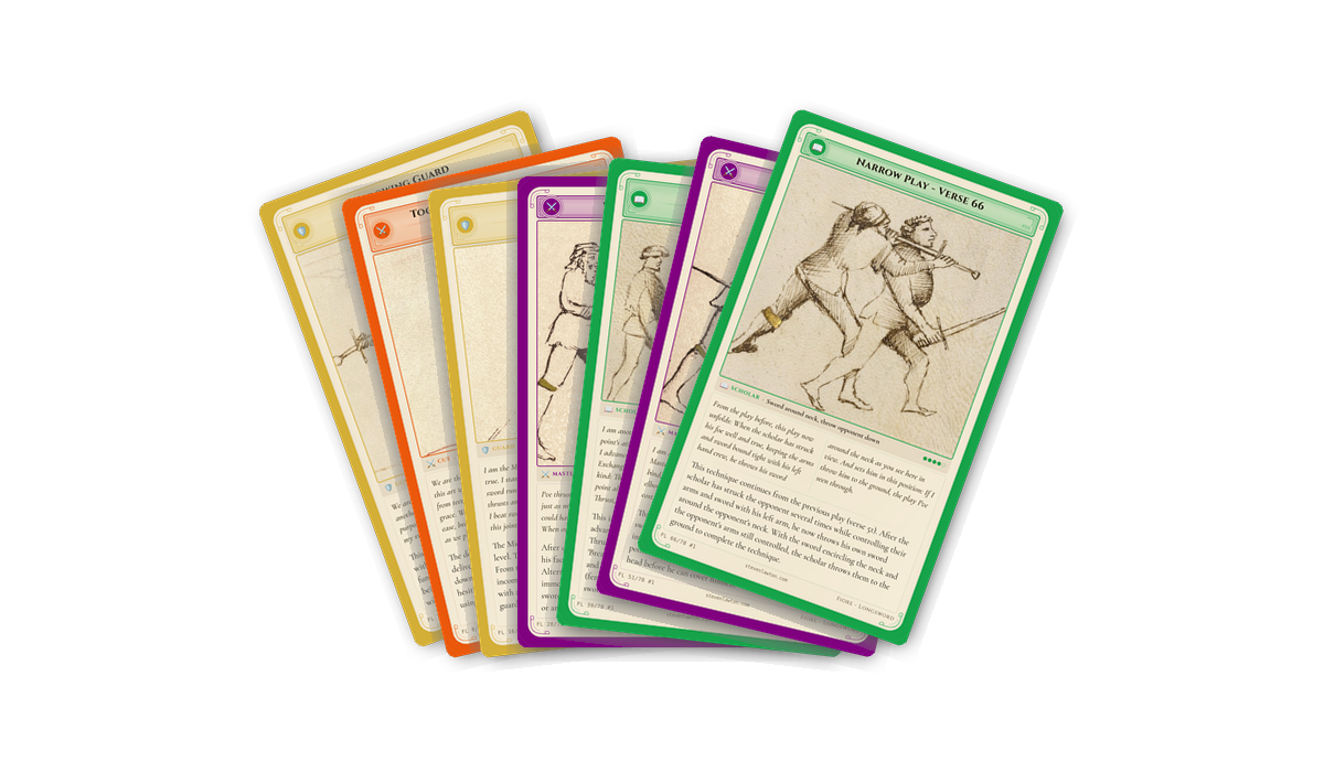 HEMA training cards fanned out showing guards, scholars, and master plays